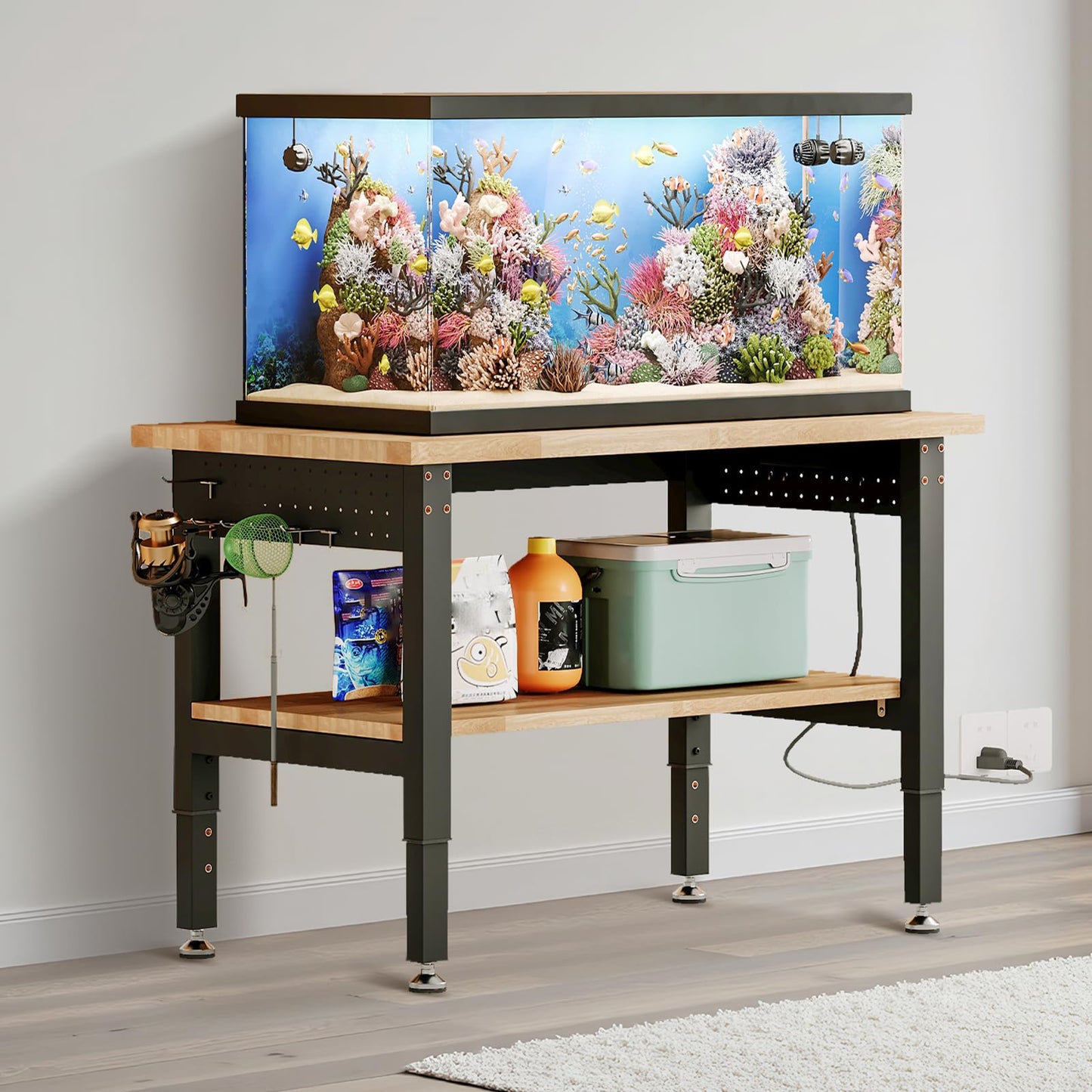 Albott 48" Adjustable 2-Tier Workbench with Solid Wood Top, Max 2500lbs Capacity, Built-in Power Strip with 4 AC Outlets & 2 USB Ports, Pegboard & 20 Hooks, Shop Garage Office