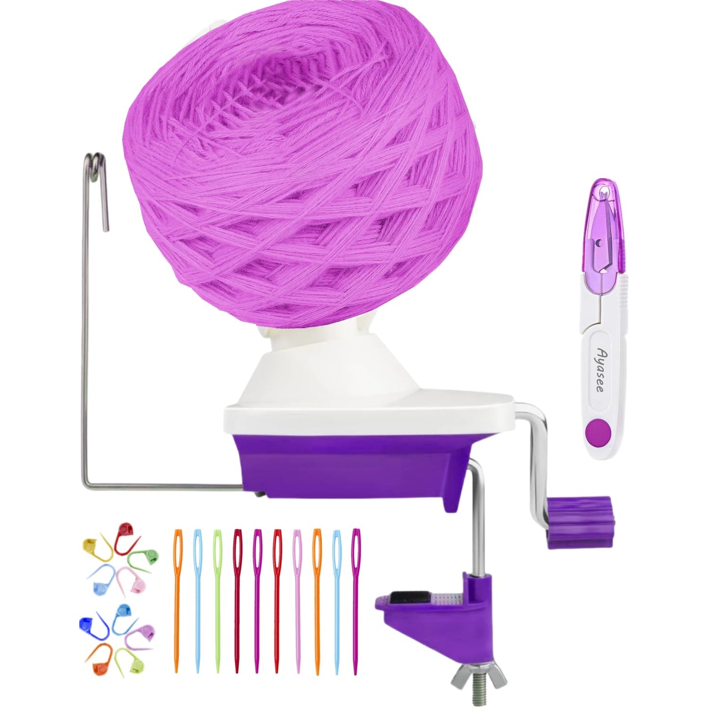 Yarn Ball Winder, Yarn Winder Knitting Set Hand Operated Ball Winder with Tabletop Clamp for Yarn Storage (22) (Purple)