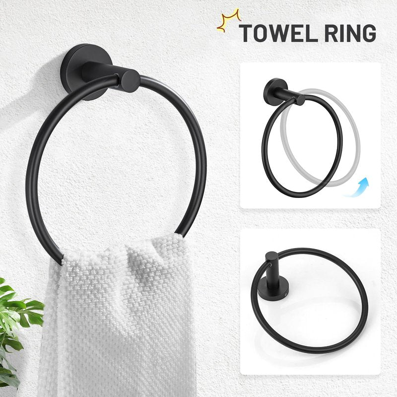TURS Matte Black 5 Piece Bathroom Hardware Set, SUS304 Stainless Steel Bath Towel Bar Set, 24 Inch Round Bathroom Accessories Kit Wall Mounted