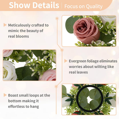 NUPTIO Small Flower Rings for Centerpieces: 9.05 Inch Dusty Rose & White Candle Rose Wreath 10 Pcs for Wedding Party Christmas Decorations - Spring Summer Front Door Porch Decor