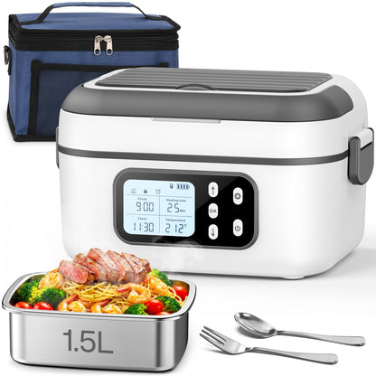 SOUOA Cordless Heated Electric Lunch Box for Adults with Automatic Heating, 100W Portable Food Warmer Battery Powered with Scheduled Heating, 6.3 Cup Food Heater for Men/Work/Office/Car/Truck (White)