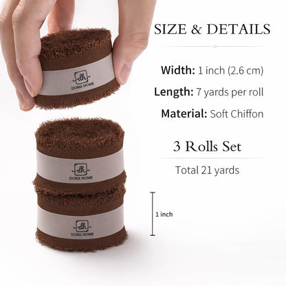 DORIS HOME Dark Brown Chiffon Ribbon for Flower Bouquet, 1" x21Yd Fabric Ribbon for Gift Wrapping, Handmade Frayed Ribbon for Wedding Invitations/Halloween Decorations