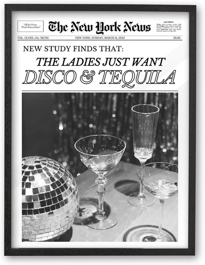 12x16in Set 1 iHery Natural Black OAK Wood Disco Tequila Newspaper Framed Wall Art, Trendy Modern Cocktail Bar Cart