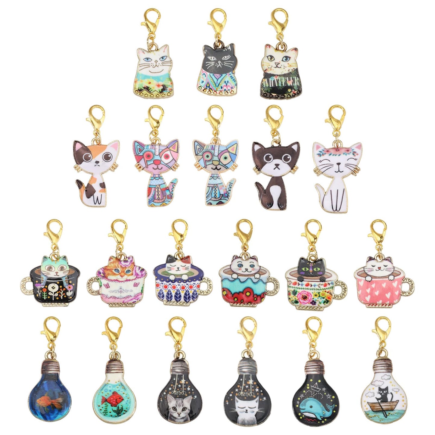 CONCHLERY 20 Pcs Teacup Cat Zipper Charm Cat Stitch Markers Charm Alloy Stitch Marker for Knitting Crocheting Quilting Weaving Jewelry Making Supplies, Mixed Color