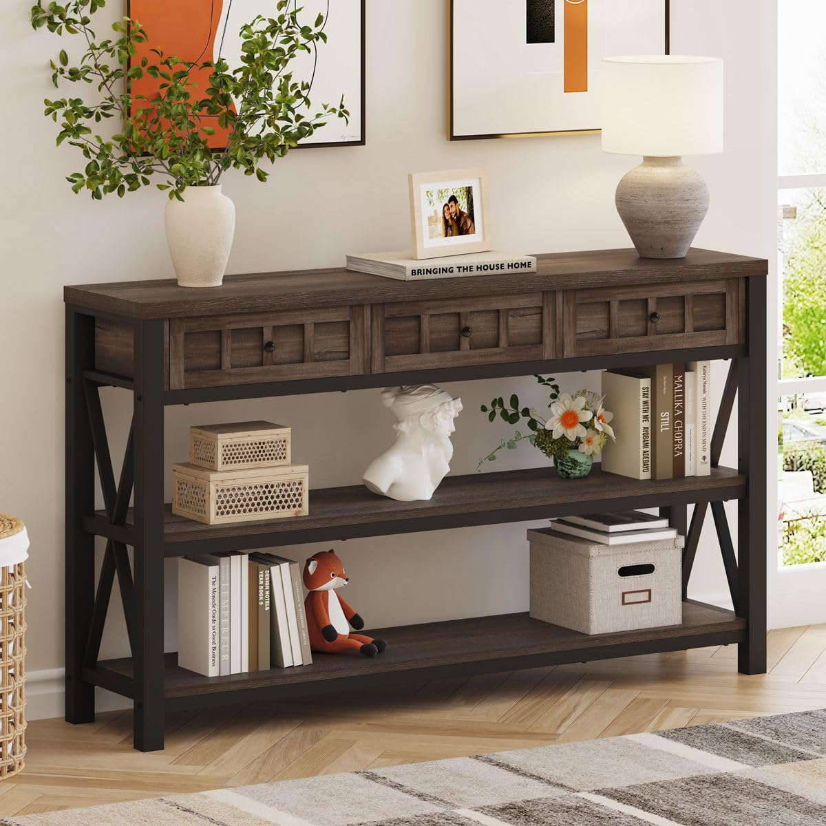 FATORRI Console Table with Storage for Entryway, Rustic Sofa Table with 3 Drawers for Living Room, Farmhouse Hallway Tables and Couch Tables Behind Sofa (54.72 Inch Long, Walnut Brown)