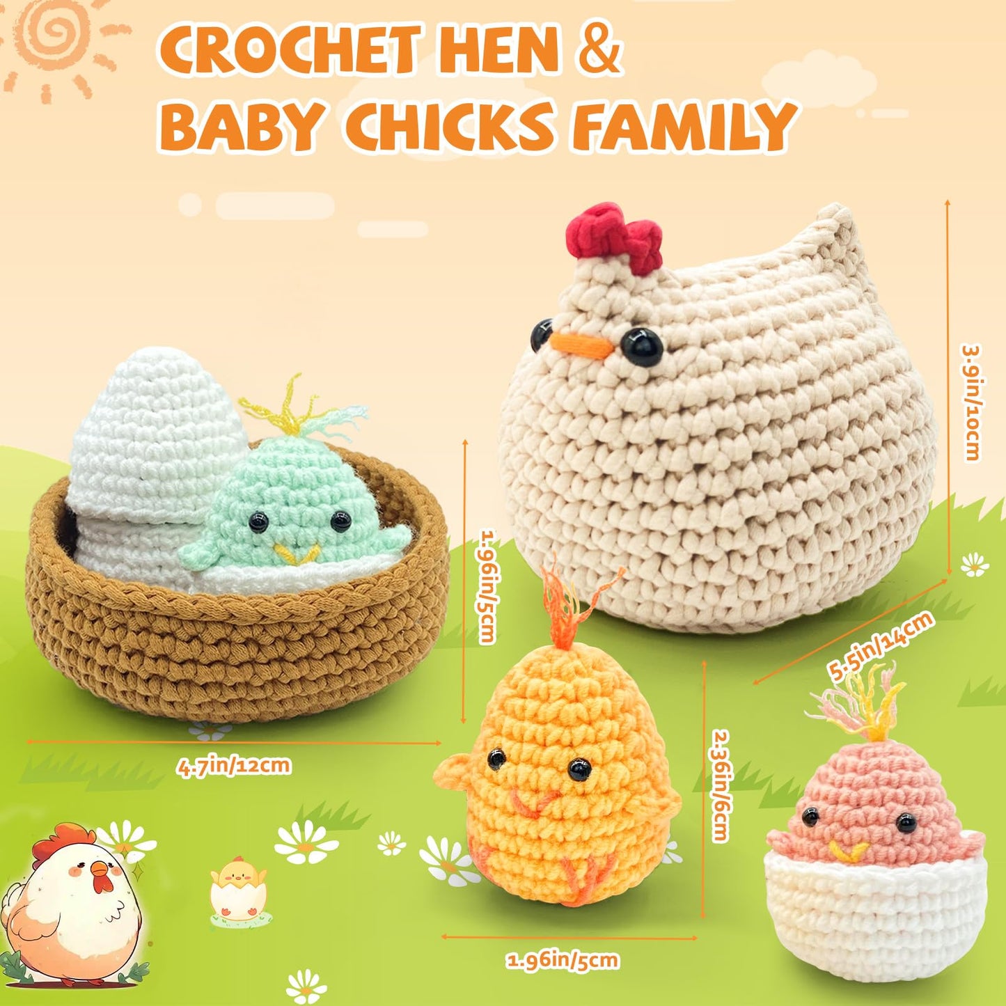 SGIBYN Crochet Kit for Beginners with Step-by-Step Video Tutorials, Starter Crochet Chicken Animals Kit for Women Teens, Handcraft Amigurumi Knitting Kits(Chicken Family)