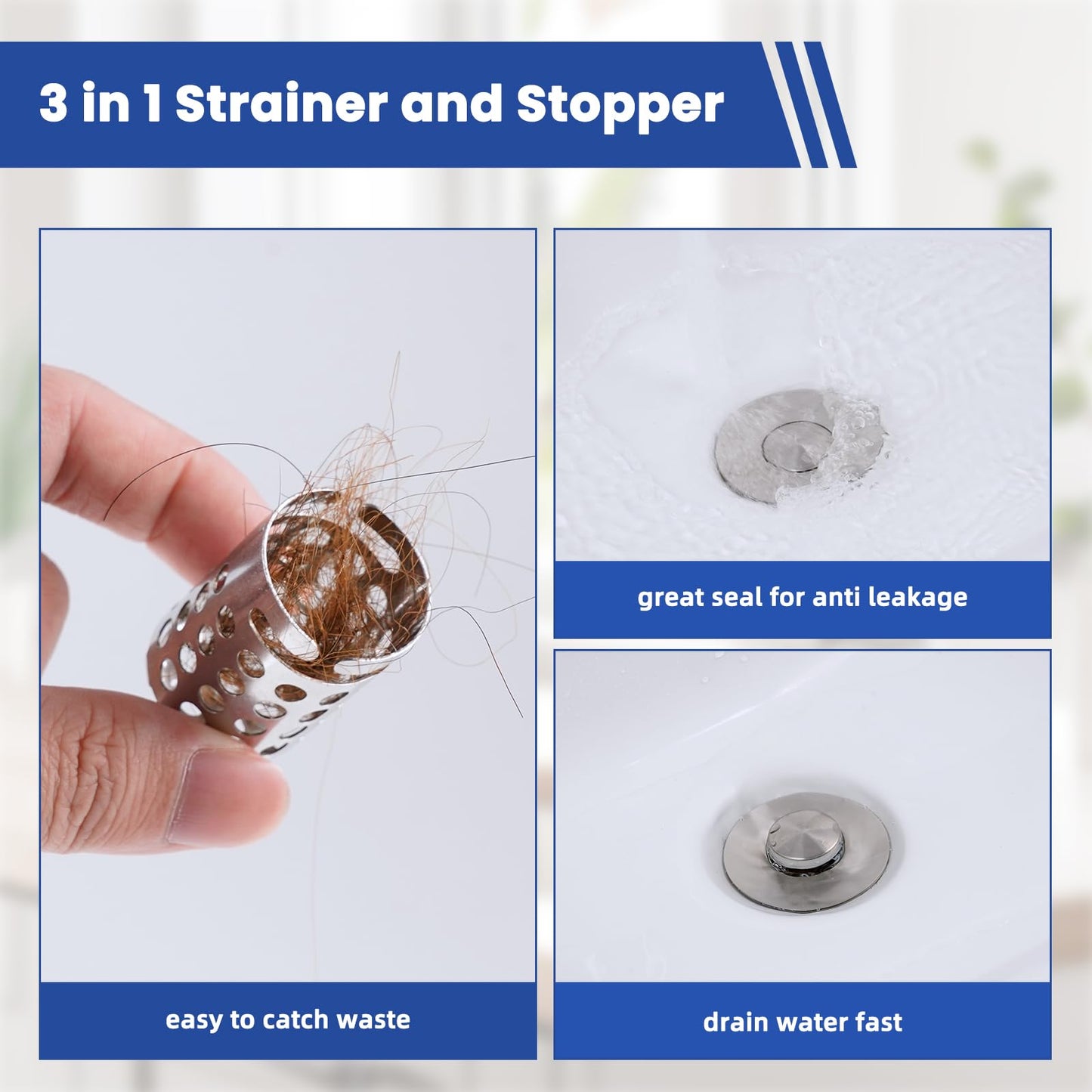 Universal Bathroom Sink Drain Strainer Hair Catcher Upgraded with Removable Stainless Steel Filter Basket, 3 in 1 Pop Up Sink Stopper for 1.1''~2.36'' Sink Basin Hole, Brushed Nickel