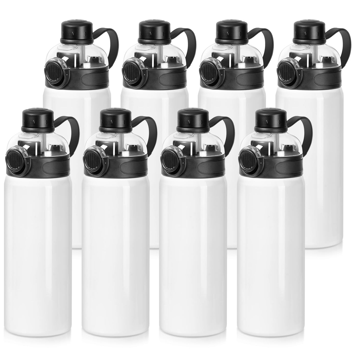 PYD Life 8 Pack Sublimation Sports Water Bottle Blanks 24 OZ 720 ML White Tumblers Cups Vacuum Flask Jug with Straw Spout Pop Lid and Silicone Handle for Sublimation Printing