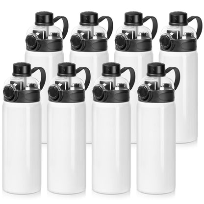 PYD Life 8 Pack Sublimation Sports Water Bottle Blanks 24 OZ 720 ML White Tumblers Cups Vacuum Flask Jug with Straw Spout Pop Lid and Silicone Handle for Sublimation Printing
