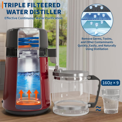 GarveeHome Water Distillers for Home Countertop, 1 gal/4 L Stainless Steel Distilled Water Machine with Glass Container, 750W Desktop Drinking Purifier Filter Distilling Kit, Red