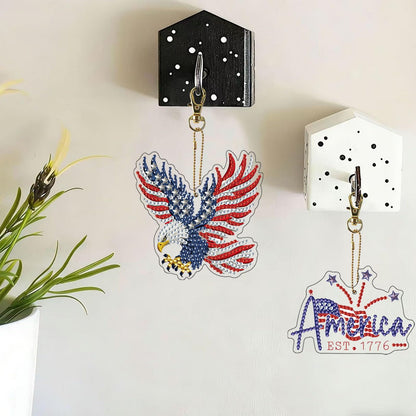 VODAPYC 4PCS 4th of July Diamond Art Keychains Patriotic Ornaments Kits, DIY Double Sided Point USA 250th Anniversary Diamond Art for Independence Day Decor