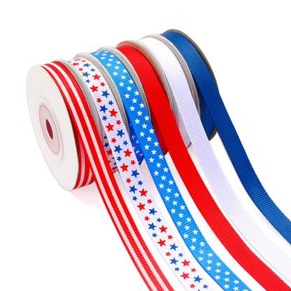 DECYOOL Patriotic Ribbon, 6 Rolls 60 Yards 4th of July Ribbons 10 mm Wide Red White Blue Grosgrain Ribbon Patriotic Stars Stripes Fabric Ribbon for Gift Wrapping DIY Crafts