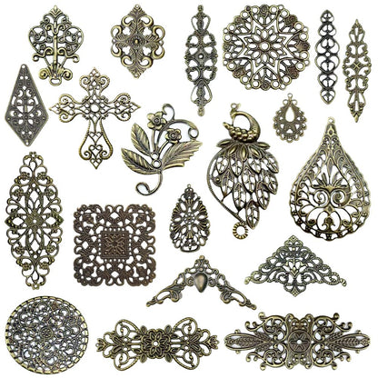 metulip 120Pcs Antique Bronze Filigree Connectors Tibetan Metal Filigree Charms Pendants Links Vintage Filigree Embellishments for Craft DIY Earrings Hairpin Necklace Jewelry Making