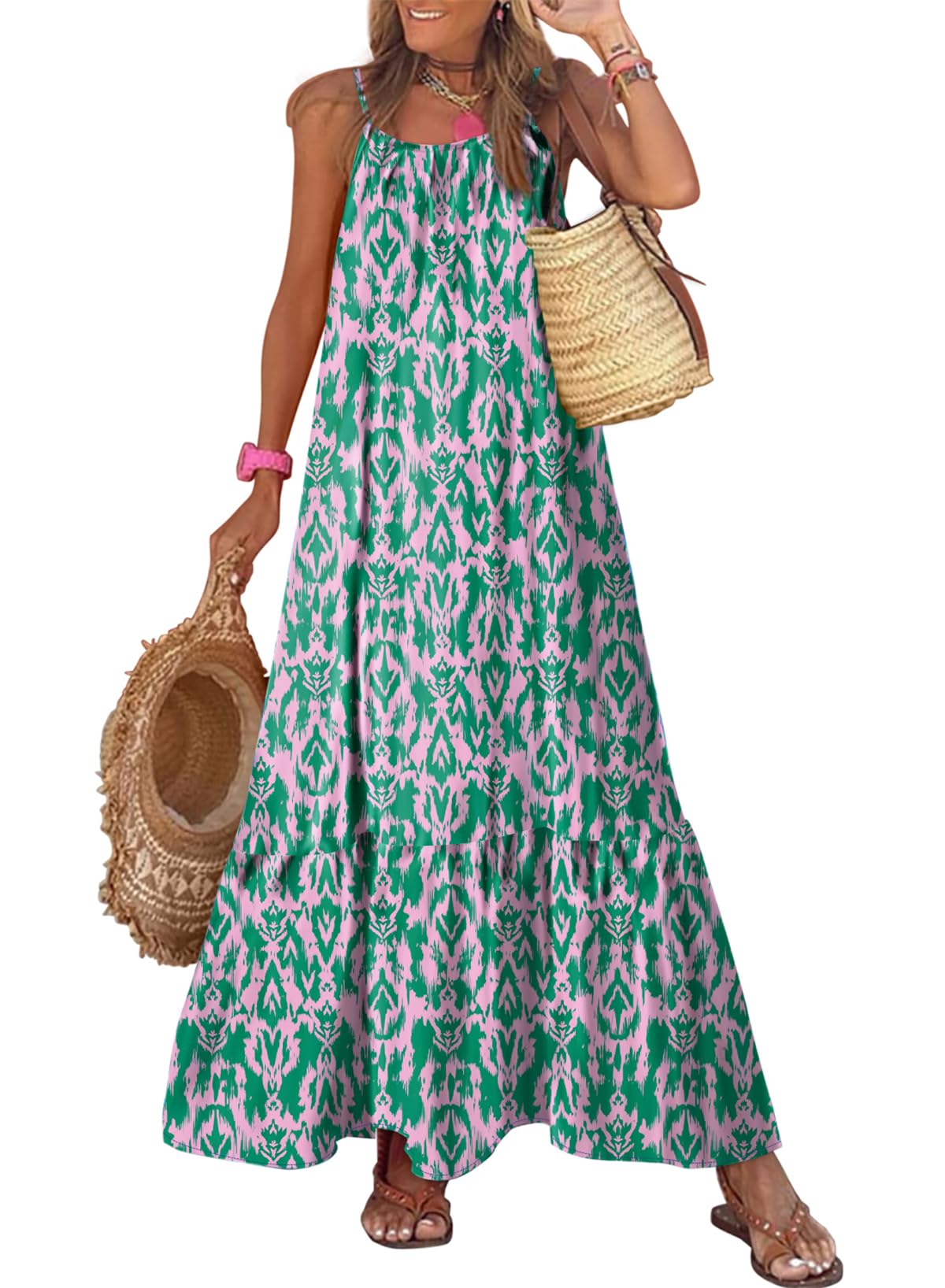 Dokotoo Women Summer Dresses 2025 Spaghetti Strap Scoop Neck Smocked Ruffle Flowy Boho Maxi Dress