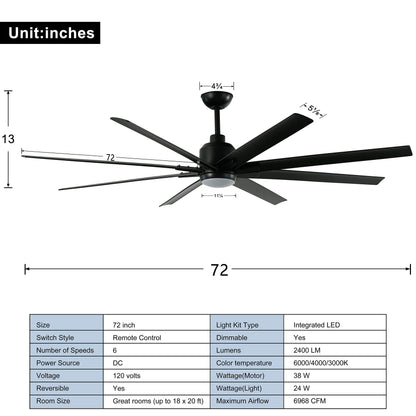 FINXIN Indoor Ceiling Fan Light Fixtures Black Remote LED 72 Ceiling Fans For Bedroom,Living Room,Dining Room Including DC Motor,8-Blades,Remote Switch