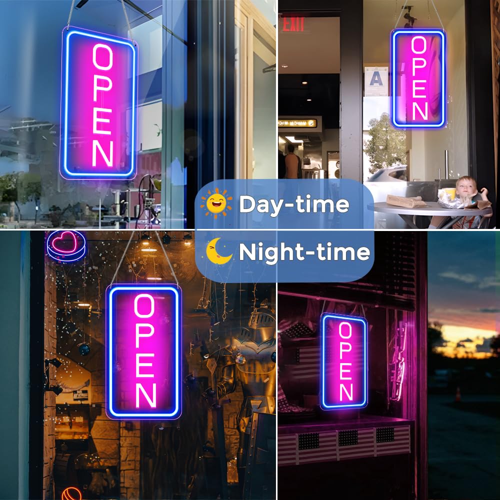 ROLANCHE Open Signs for Business, 16"x 9" LED Neon Open Sign with ON/OFF Switch adapter, Ultra Bright and Eye-catching Vertical Open Light Up Sign for Window, Wall, Store, Shop, Blue/Pink