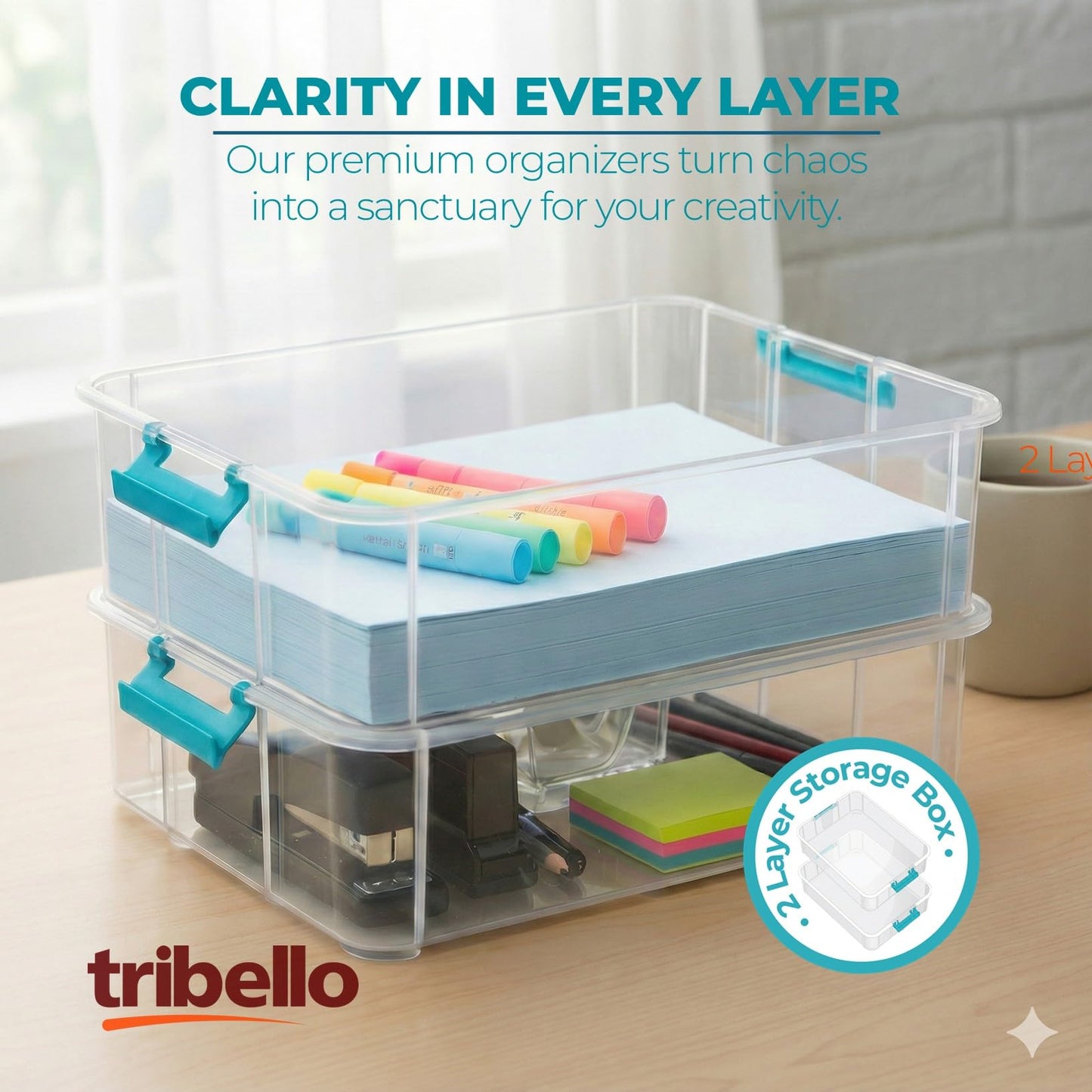 Tribello Craft Box & Art Supply Storage Organizer – Stackable Art Organizer and Craft Storage Box with Handle, 2-Layer Clear Art Supplies Organizer (14 x 10 x 7)