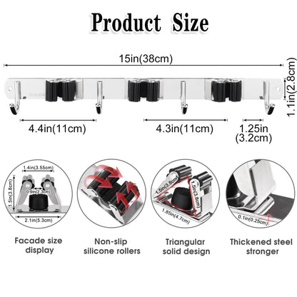 AceMining 5 Racks and 4 Hooks Mop and Broom Holder Wall Mount, Broom Organizer Storage Tool Racks Stainless Steel Heavy Duty Hooks Self Adhesive Solid Non-slip for Home Kitchen Garden Laundry Garage