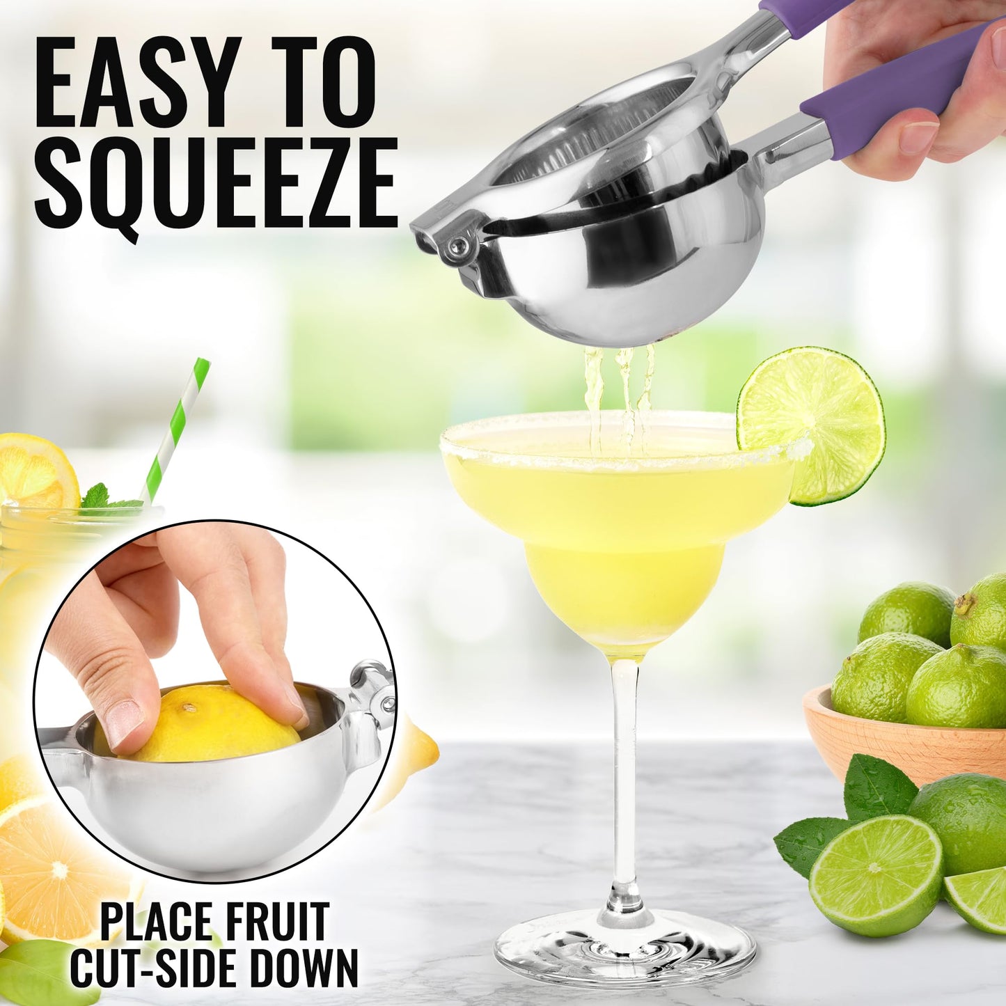 Zulay Lemon Squeezer Stainless Steel with Premium Heavy Duty Solid Metal Squeezer Bowl (Black Grip, Large)