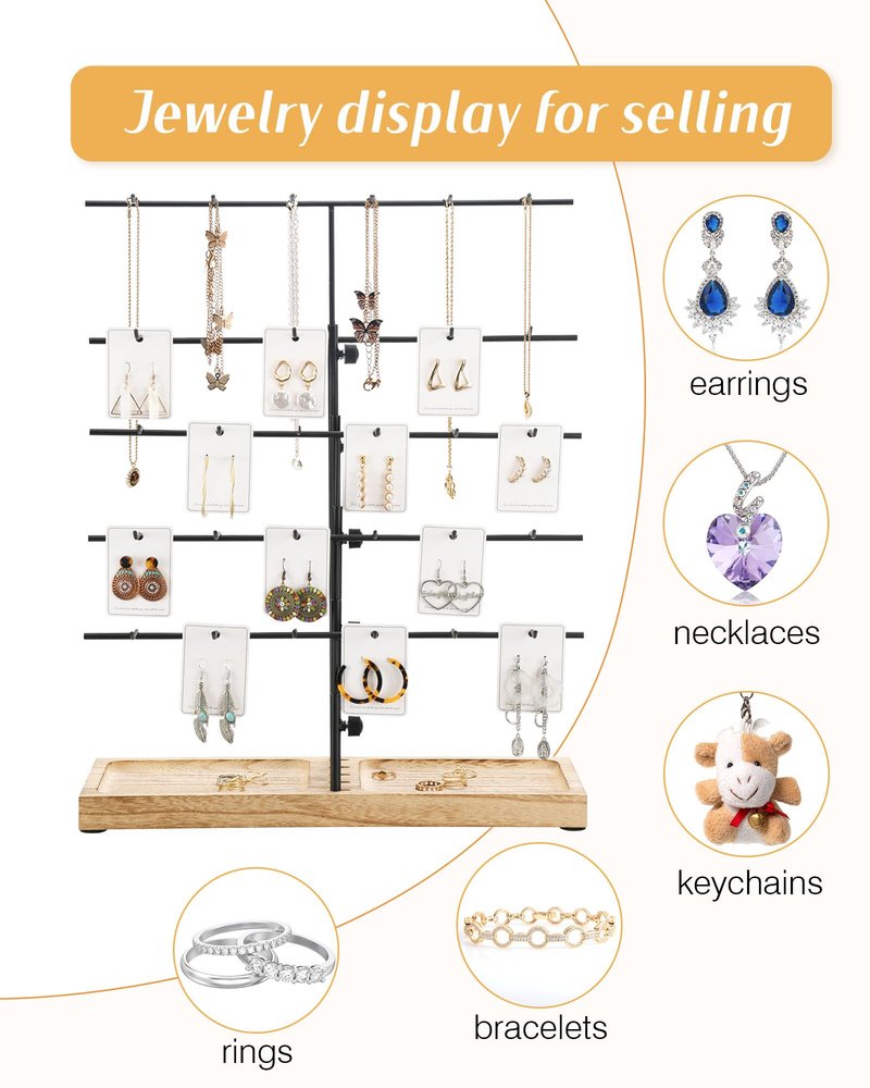 HULISEN Earring Display for Vendors, Adjustable Height Earring Display Stands for Selling, Jewelry Display for Earrings Card, Earrings Rack Display Holder with Tray, 30 Hooks, Carbonized Brown