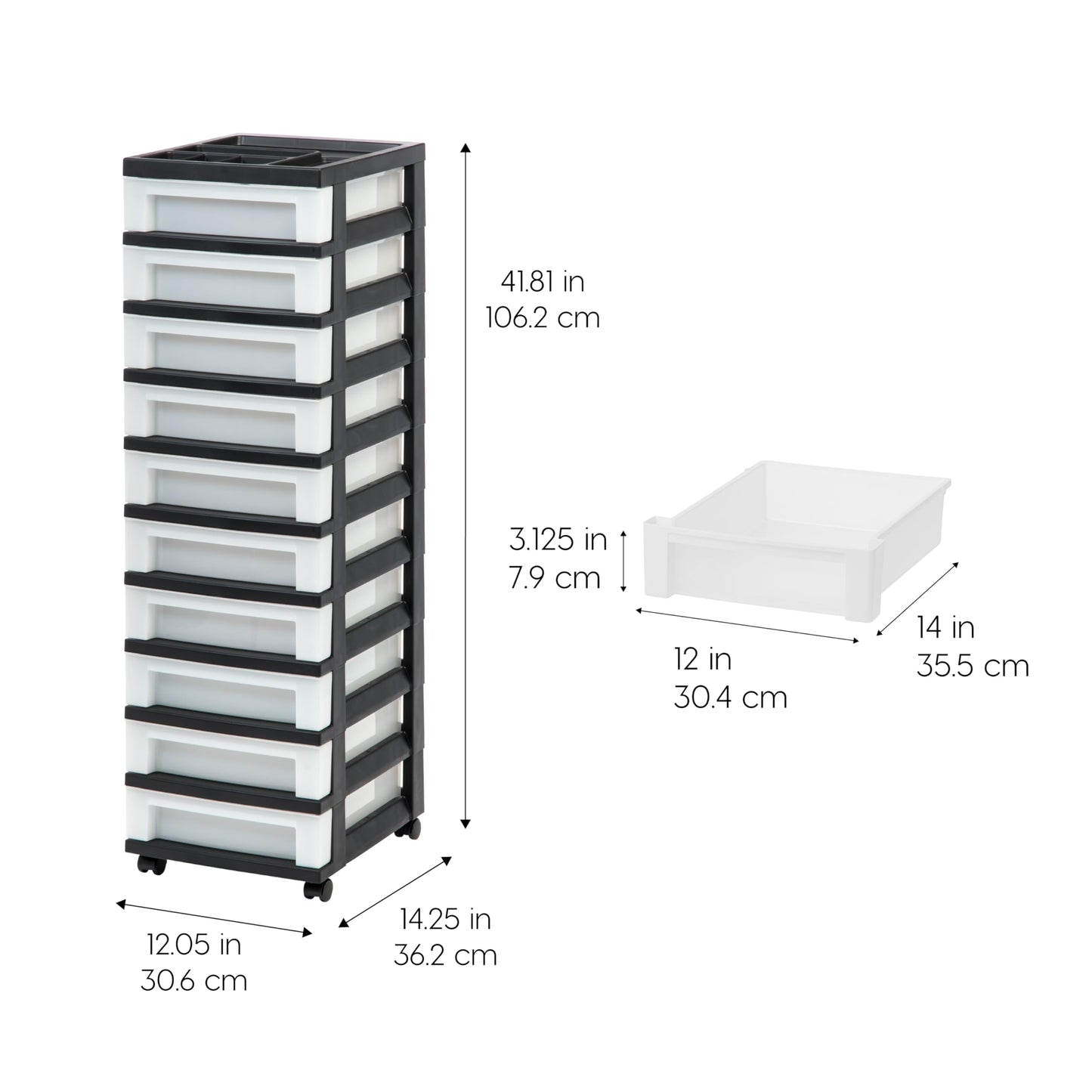 IRIS USA Plastic Drawer Storage Organizer Rolling Cart, with Wheels Casters, 10-Drawers, for Classroom Art Craft Supplies Dresser Closet Bathroom Laundry Room, Black/Pearl