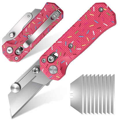 Folding Utility Knife for Women Men,Quick Change Box Cutter with 10Pcs SK5 Replaceable Blades,EDC Razor Knife for Cartons,Cardboard,Boxes,Christmas Stocking Stuffers Gifts for Men Husband Women(pink)