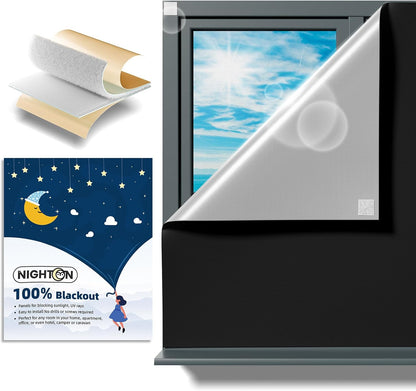 NIGHTON Portable Blackout Curtains - 100% Light Blocking, Adhesive Hook & Loop, 40" x 59", Black