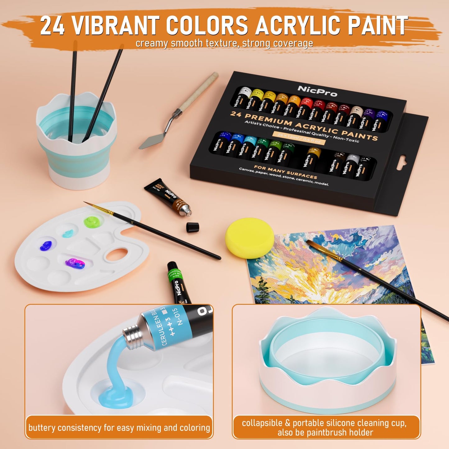 Nicpro 68PCS Acrylic Paint Canvas Set for Adults, Art Painting Supplies Kit with 24 Acrylic Paints,Table Easel,8 Canvas Panels,12 Brushes,Paper Pad,Cleaning Cup, Sponge, Palette for Beginner Artist