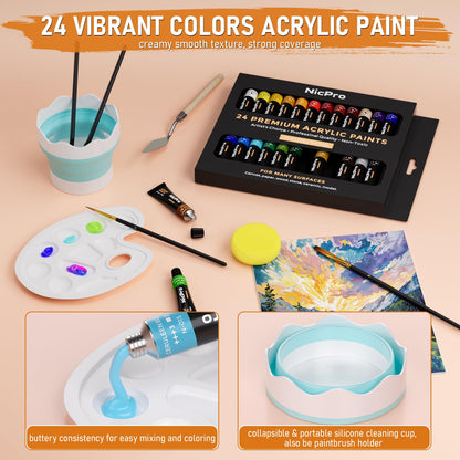 Nicpro 68PCS Acrylic Paint Canvas Set for Adults, Art Painting Supplies Kit with 24 Acrylic Paints,Table Easel,8 Canvas Panels,12 Brushes,Paper Pad,Cleaning Cup, Sponge, Palette for Beginner Artist