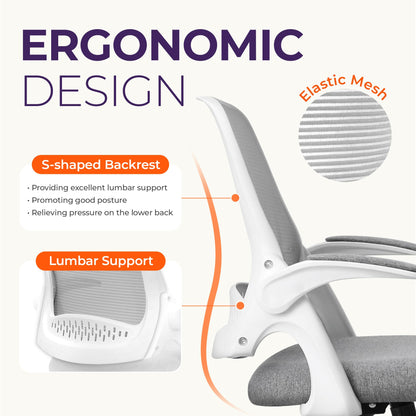 NEO CHAIR Office Desk Computer Gaming Ergonomic Chair with Lumbar Back Support Adjustable Height Swivel Wheels Flip-up Arms Mesh Chair for Home or Office (Grey)