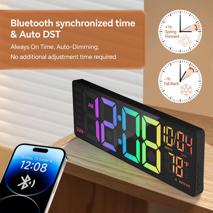 16" Digital Wall Clock with Night Light, Digital Clock with RGB Colors Changing Remote Control, Dual Alarm, Dimmer, Auto DST, Voice Control, Auto Time Sync, Clocks for Living Room, Gift for Elderly