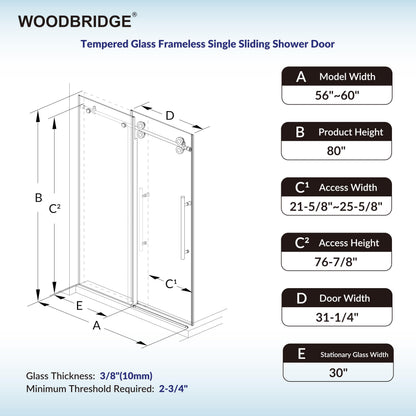 Woodbridge 56-60" W x 80" H Frameless Single Sliding Shower Door with Double Rollers,3/8(10mm) Tempered Glass with Explosion Proof Film in Matte Black Finish