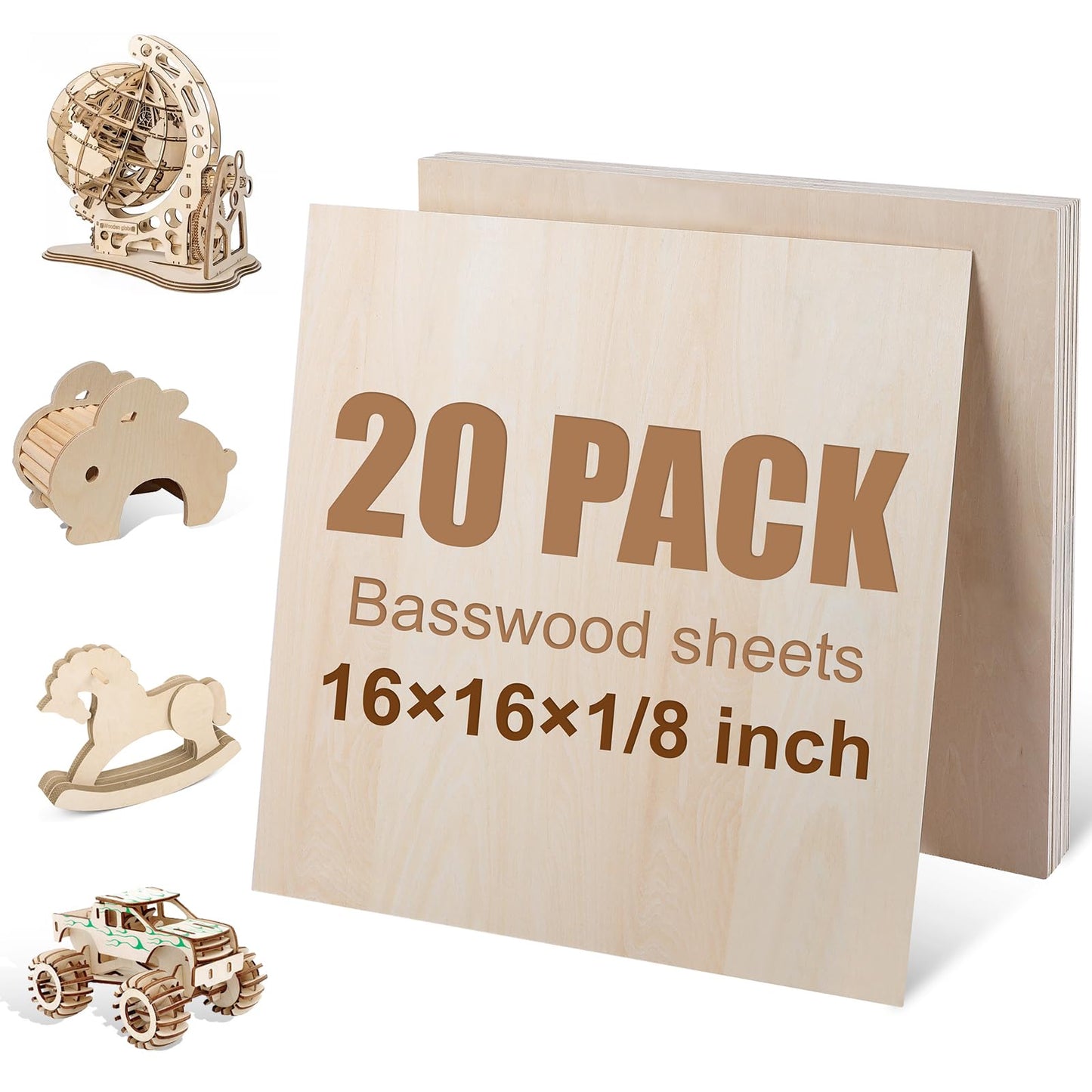 20 Pack Basswood Sheets 16"x16"x1/8", 3mm Basswood for Laser Cutting and Engraving,Thin Plywood Board Unfinished Wood for Crafts, DIY Ornaments and Architectural Model, Wood Burning.