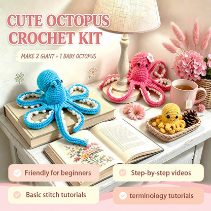 MAGIMUSE Crochet Kit for Beginners, Octopus Family Amigurumi Set with Step-by-Step Video Tutorials – DIY Craft Knitting Supplies, 40% More Yarn