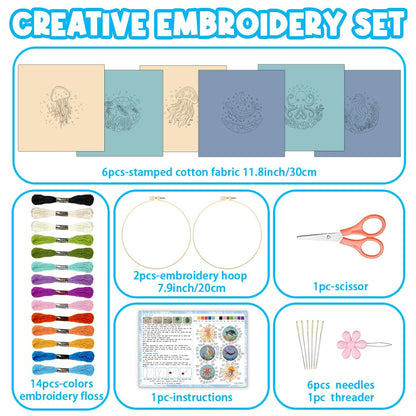 ACRNIGHEET 6PCS Embroidery Kit for Adults Beginners, Sea Animals Embroidery Starter Kit, Stamped Cross Stitch Kits for Crafts Lovers Gift Idea, Include Instructions 6 Stamped Embroidery Cloth 2 Hoop