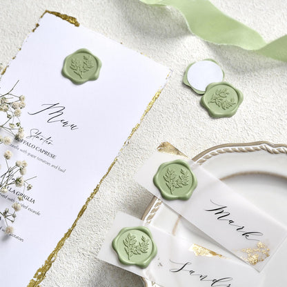 UNIQOOO Wax Seal Stickers - Eucalyptus Wedding Invitation Envelope Seal Stickers, 50 Pcs Self- Adhesive Sage Green Stickers, Perfect for Invitation, Christmas, Gift Wrapping