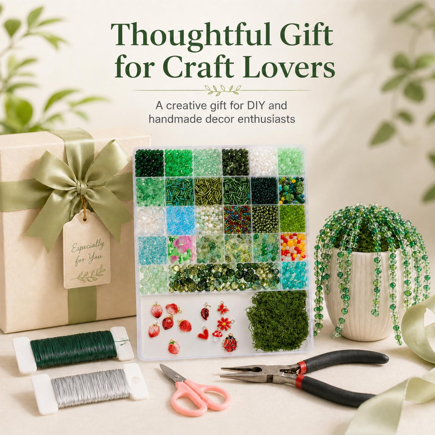 LUFEEMGA Beaded Plant Kit, 5488Pcs Forever Plant Kit with Green Glass Beads, Leaf Beads for Plant Making, Jewelry Making, DIY Craft, Perfect for Mother's Day, Christmas,Gifts ASIN B0GSQFKC1W