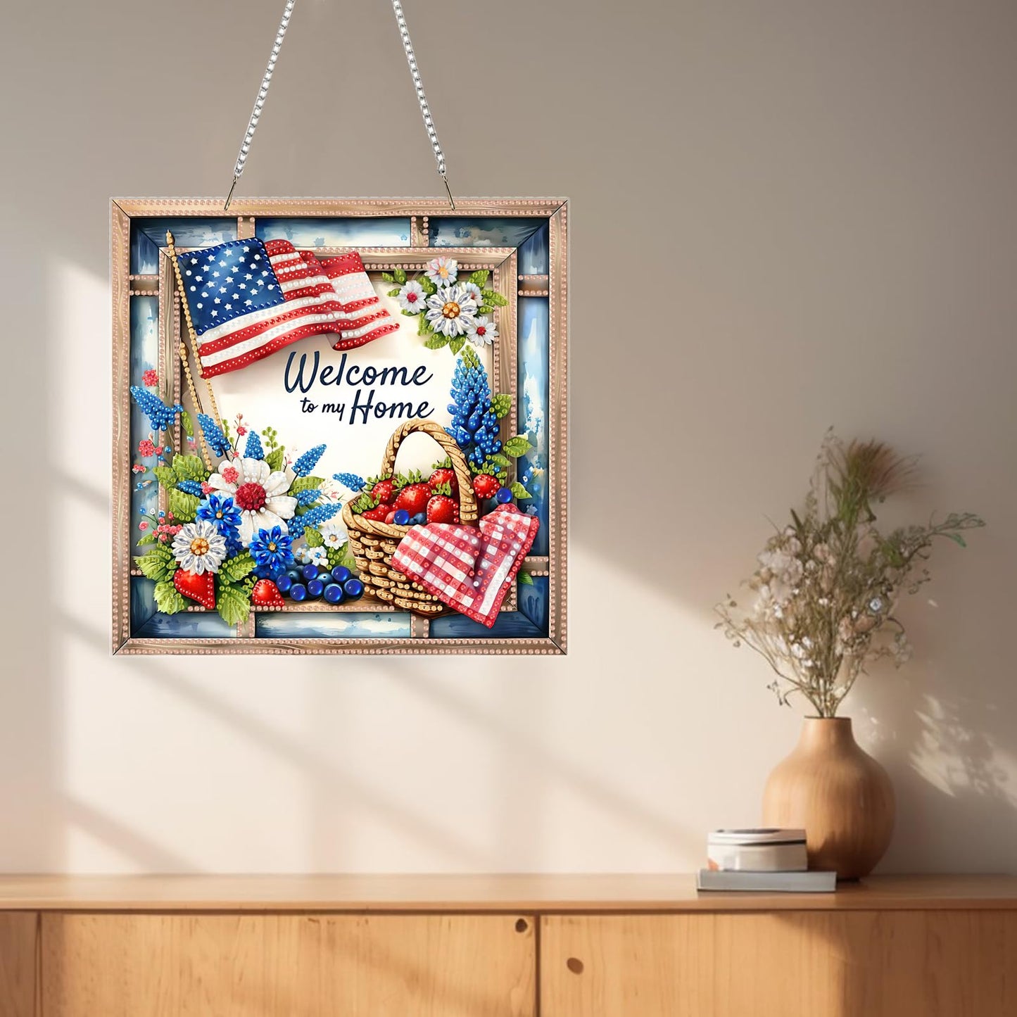 SHLUHA Diamond Art Kits for Adults Diamond Art Welcome Design Special Shape Acrylic Hanging Pendant Crystal Mosaic Home Wall Door Window Decor with Chain Handmade Gift with American Flag(LG53)
