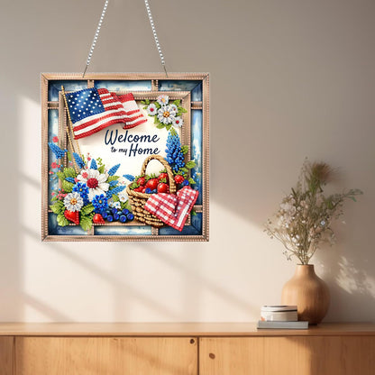 SHLUHA Diamond Art Kits for Adults Diamond Art Welcome Design Special Shape Acrylic Hanging Pendant Crystal Mosaic Home Wall Door Window Decor with Chain Handmade Gift with American Flag(LG53)