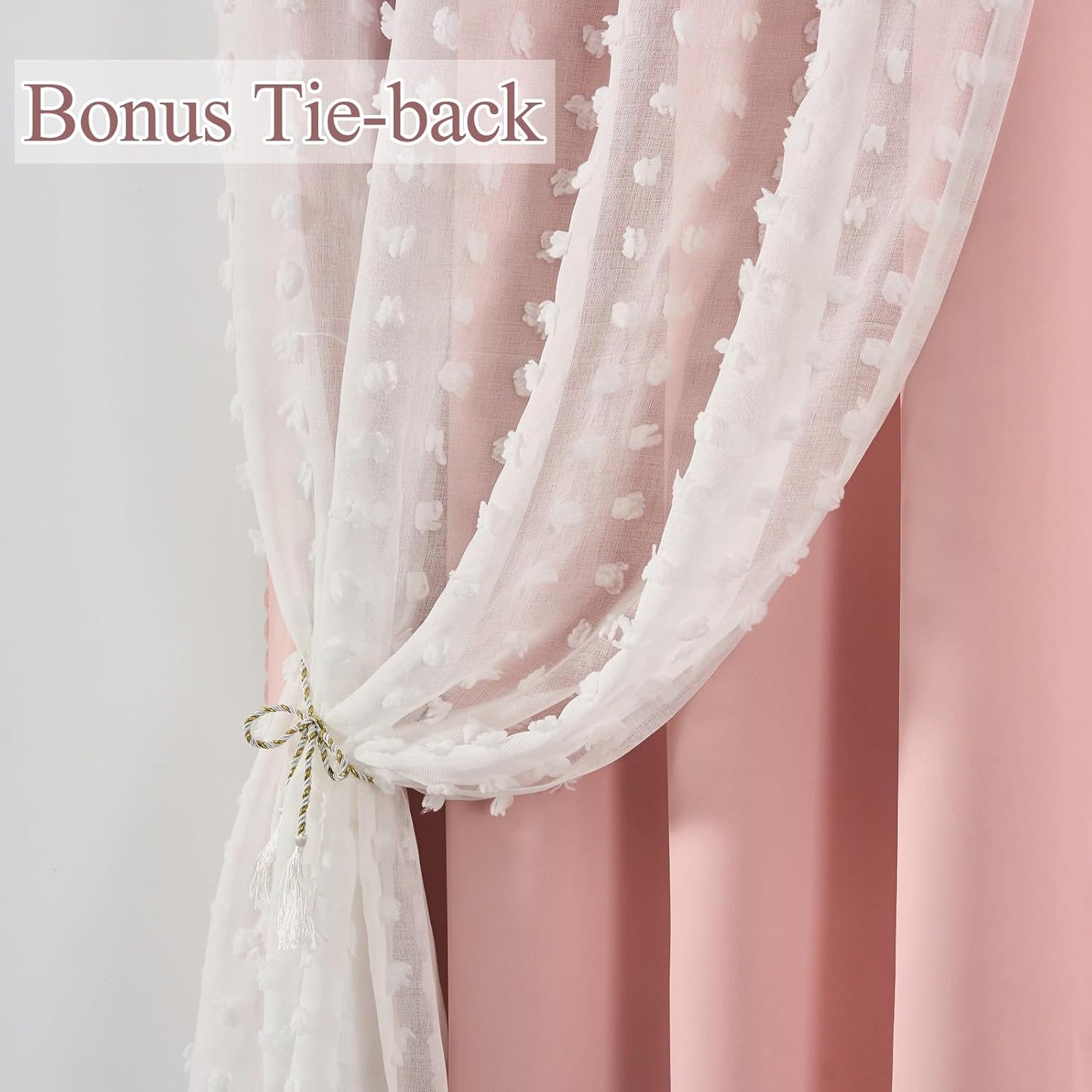 1 72 Inch Pink Blackout Curtain for Girls Bedroom Panel, Double Layered Curtain with Pom Pom White Sheer Overlay, Light