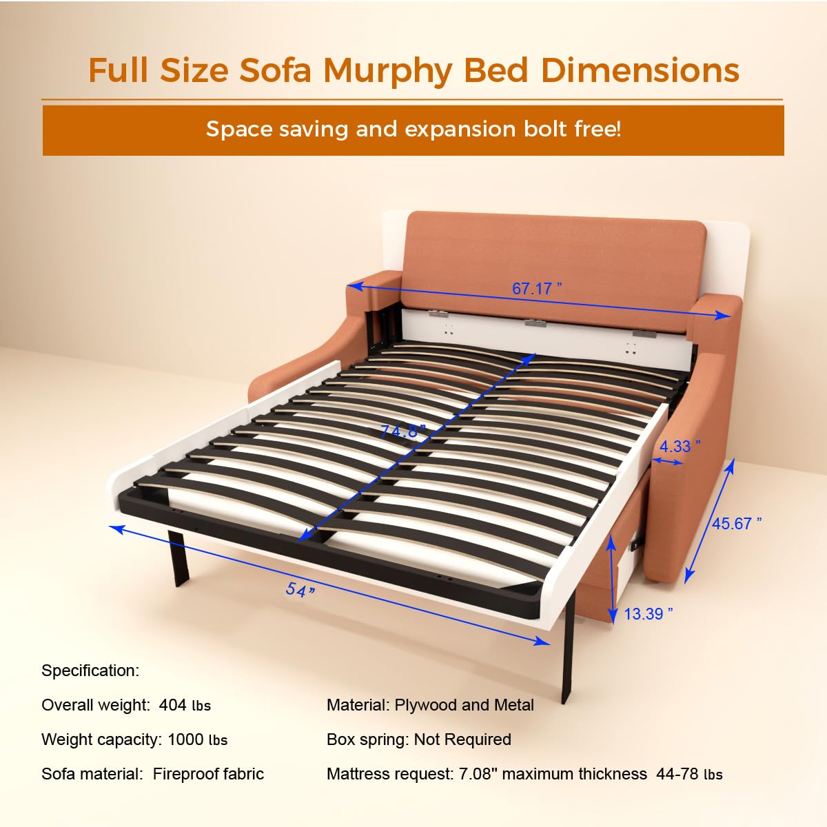 FAVSH Full Size Murphy Bed Cabinet with Loveseat Sofa, White Hidden Beds,Wall Bedframe w/Orange Couch for Bedroom,Space-Saving, Noise Free