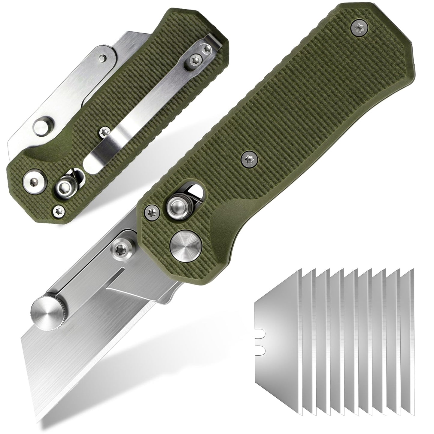 Folding Utility Knife for Men Women,Quick Change Box Cutter with 10Pcs SK5 Replaceable Blades,EDC Razor Knife for Cartons,Cardboard,Boxes,Christmas Stocking Stuffers Gifts for Men Husband Women (Green)