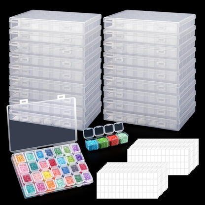 Diamond Painting Boxes Plastic Organizer 18 Pack 28 Grids Bead Storage Containers 504 Slots with 512pcs Label Stickers, Diamond Art, Bead Box, Painting Boxes Plastic Organizer
