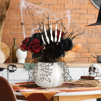 Chuangdi Halloween Table Centerpieces Decorations Halloween Table Artificial Flowers Decor Gothic Skeleton Hand with Black Red Fake Roses Removable Pumpkin Vase for Party Dining Photo Props