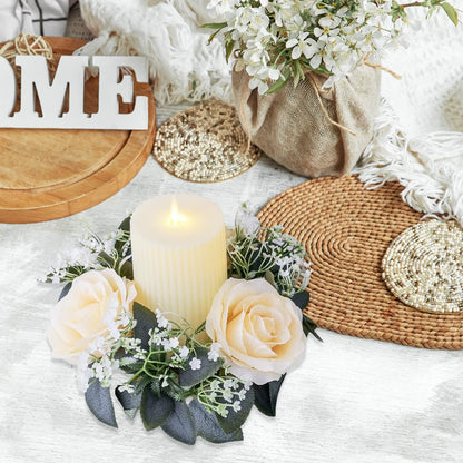 2 Pack Artificial Rose Candle Rings, Christmas Floral Wreaths with Eucalyptus Leaves Mini Wreaths Candle Rings for Pillar Candle Lantern Wedding Centerpiece Party Home Fall Table Decor (Champagne)