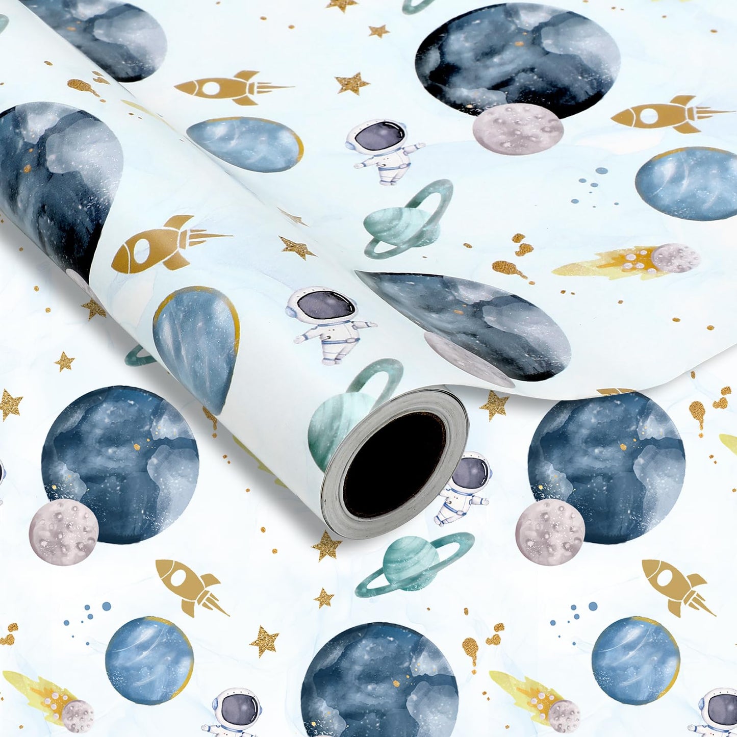 JarThenaAMCS Outer Space Wrapping Paper -Mini Roll- 17In x 32.8Ft First Trip Around The Sun Wrap Paper Watercolor Galaxy Star Craft Papers For Baby Shower Boy Birthday Party Gift Packing Supplies