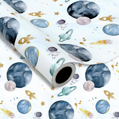 JarThenaAMCS Outer Space Wrapping Paper -Mini Roll- 17In x 32.8Ft First Trip Around The Sun Wrap Paper Watercolor Galaxy Star Craft Papers For Baby Shower Boy Birthday Party Gift Packing Supplies