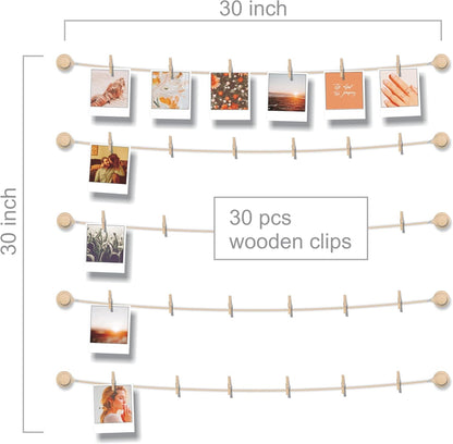 PhotoWall Hanging Photo Display | Sculptural Picture Frames Collage - 5 Strings, 30 Clips, 3M Hooks - 30 x 30 Inch