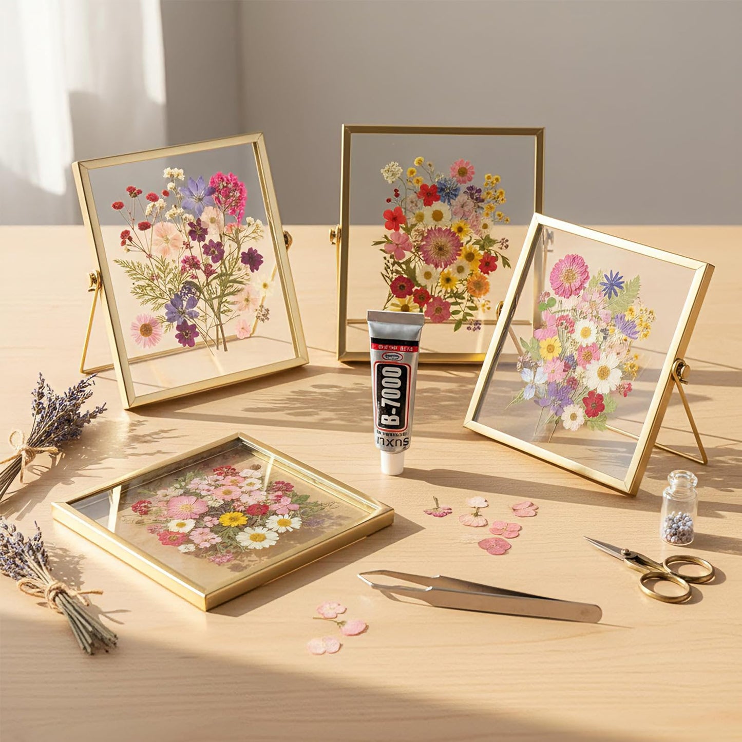Thyle Flower Frame Pressed Kit, Include 4 Pcs Gold Metal Picture Frames and 140 Pcs Dried Pressed Flowers for Crafts DIY Floating Photo Frame for Tabletop Display, Home Decor, Gifts