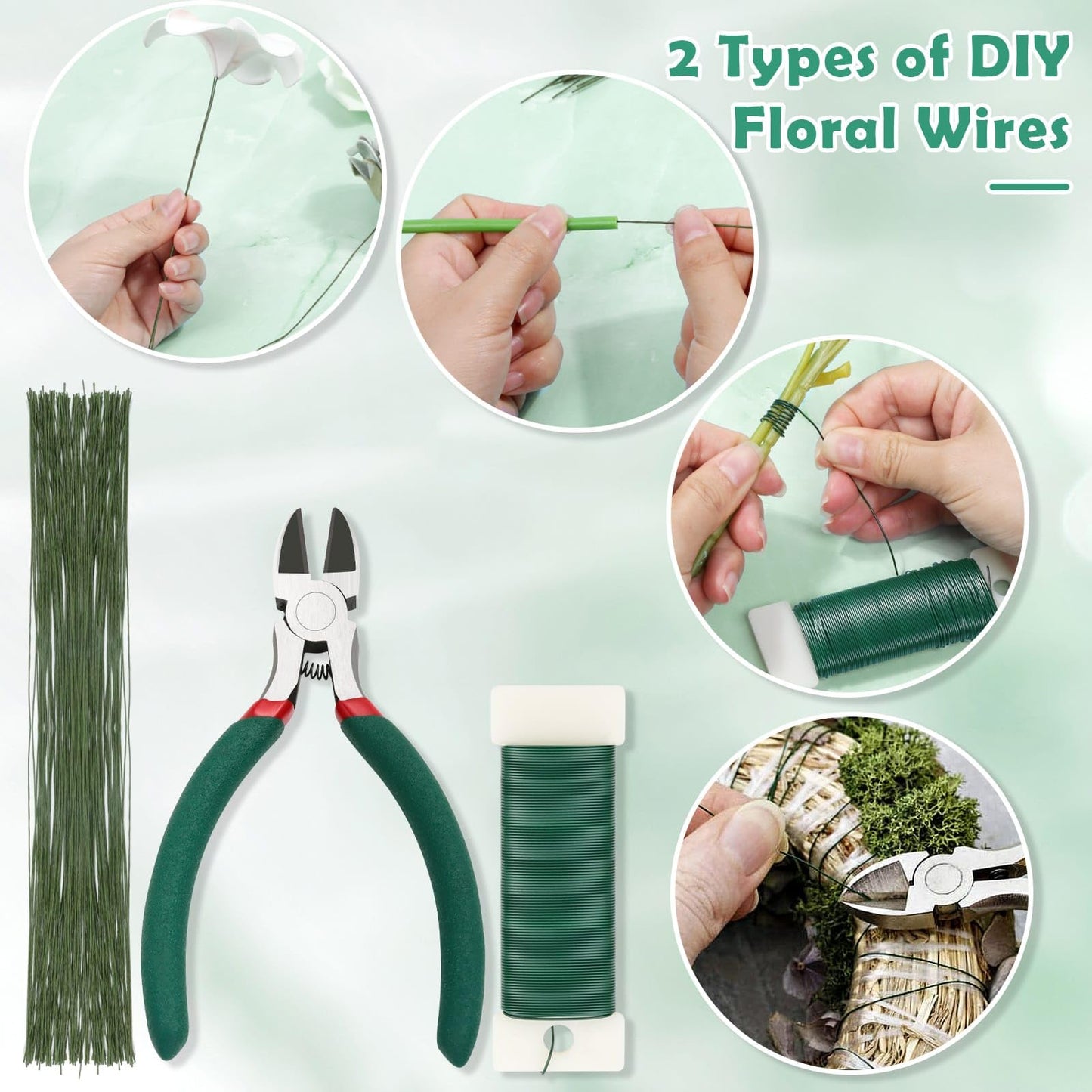 Paxcoo Floral Tape and Floral Wire Arrangement Tool Kit with Green Tape, Floral Wire, Boutonniere Flower pin, Cutter, White Ribbon and Elastic Pearl Wrist Corsage Bands for Bouquets